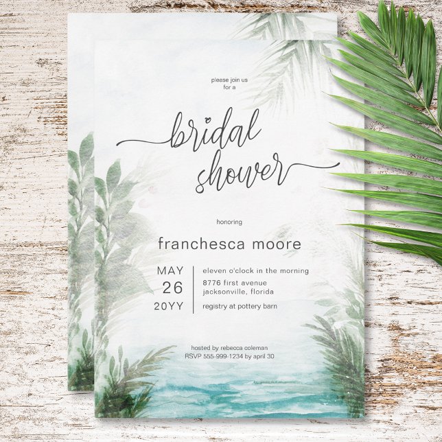 Invitation Fête des mariées moderne de mer et de palmiers tro (Modern Tropical Sea & Palms Bridal Shower Invitation)