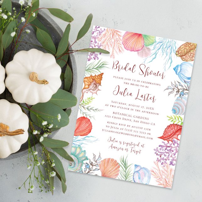 Invitation Fête des mariées moderne Dusty Blue Sea Shell Beac (Créateur téléchargé)