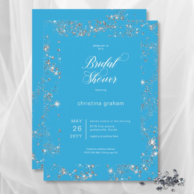Invitation Fête des mariées moderne en diamant de verre bleu (Modern Blue Glam Diamond Frame Bridal Shower Invitation)