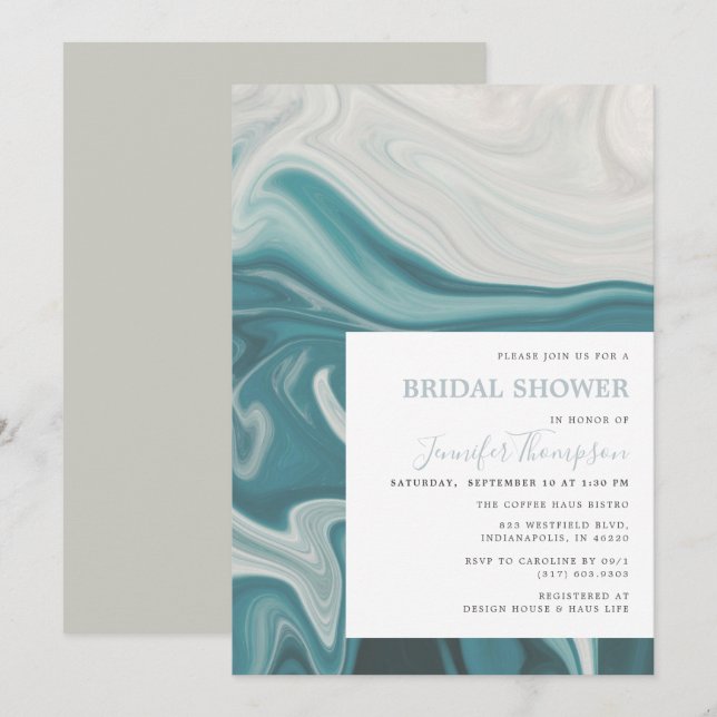 Invitation Fête des mariées moderne en marbre bleu et gris (Devant / Derrière)