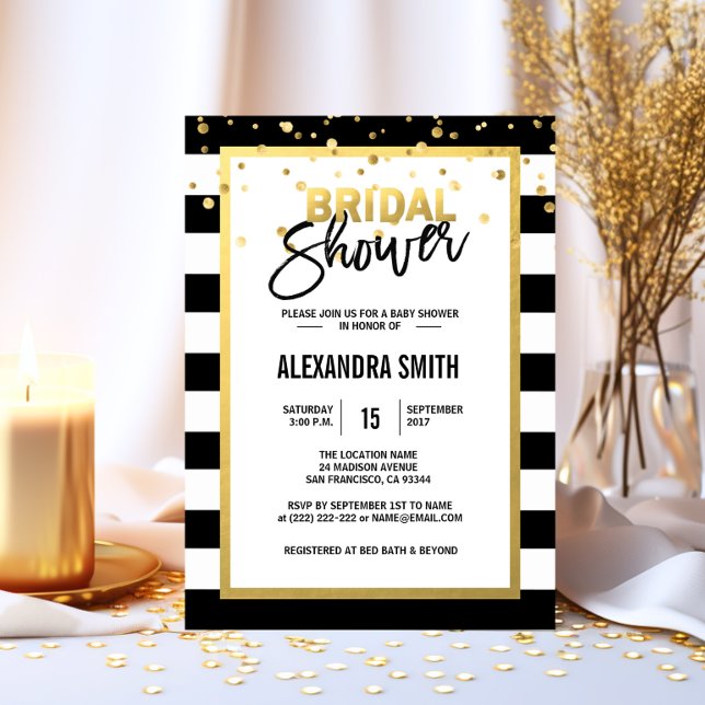 Invitation Fête des mariées moderne Gold Black White Stripes (Modern Gold Black White Stripes Bridal Shower Invitation)