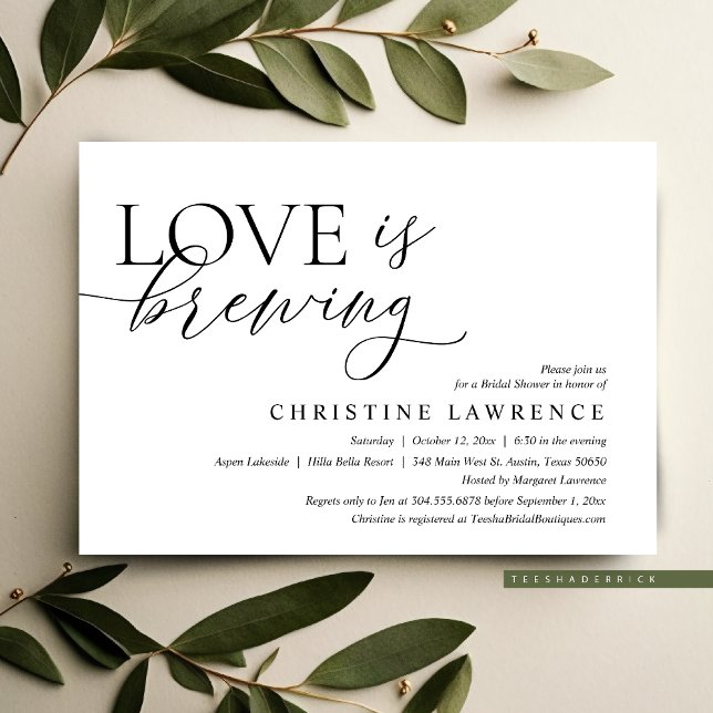 Invitation Fête des mariées moderne, l'amour brasse (Love is Brewing, Modern Bridal Shower Party Invitation, Afternoon Tea, BFF Celebration)