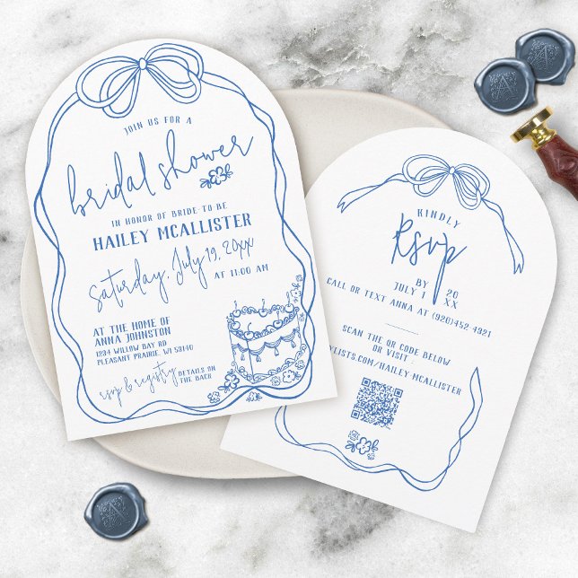 Invitation Fête des mariées moderne Quirky Main Tirée Bow BLE (Unique whimsical arch shape blue and white hand drawn coquette bows heart cake bridal shower invite)