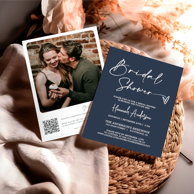 Invitation Fête des mariées moderne simple Marine Code QR Pho (Créateur téléchargé)