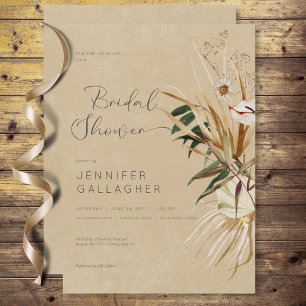 Invitation Fête des mariées moderne Tan Boho séché floral Bou