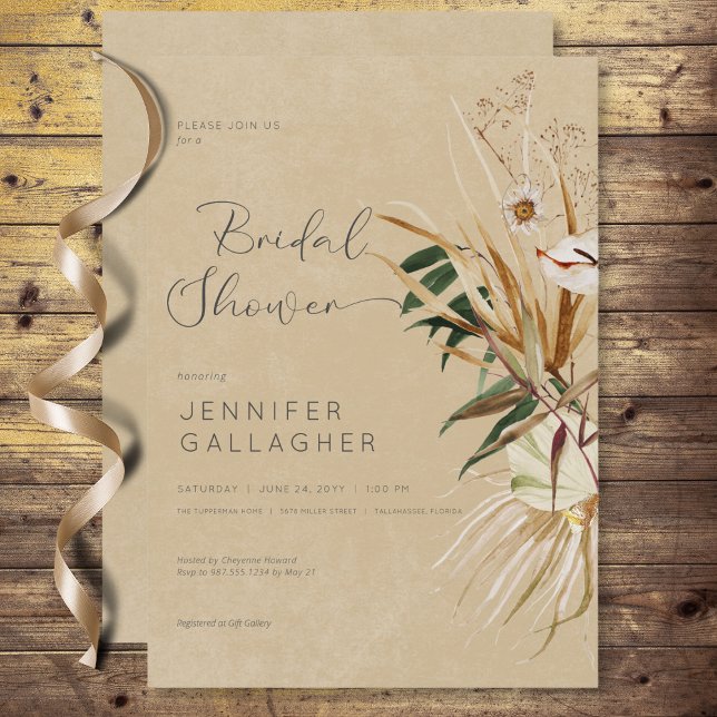 Invitation Fête des mariées moderne Tan Boho séché floral Bou (Modern Tan Boho Dried Floral Bouquet Bridal Shower Invitation)