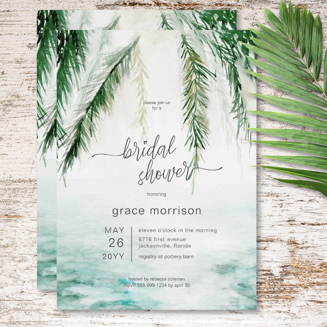 Invitation Fête des mariées moderne Tropical Eau & Palms (Modern Tropical Water & Palms Bridal Shower Invitation)