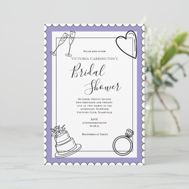 Invitation Fête des mariées moderne violet noir & blanc (Debout devant)
