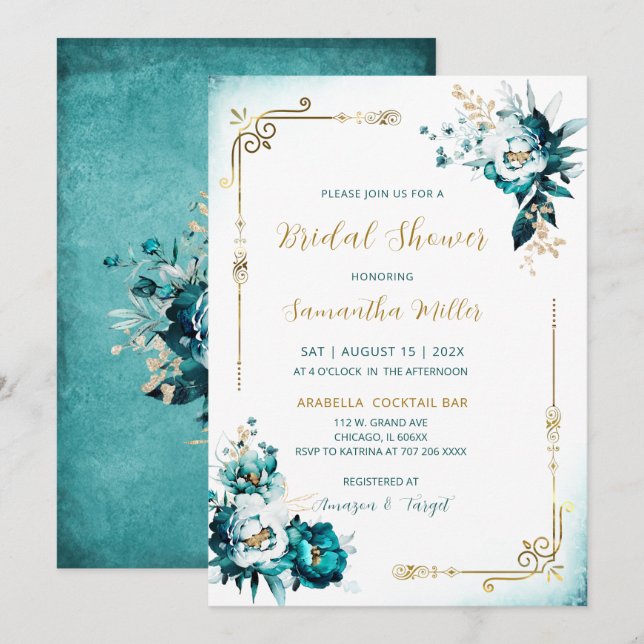 Invitation Fête des mariées modifiable Turquoise et or (Devant / Derrière)