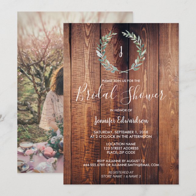 Invitation Fête des mariées monogramme de branche d'aquarelle (Devant / Derrière)