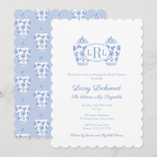 Invitation Fête des mariées Monogramme De La Chinoiserie Bleu