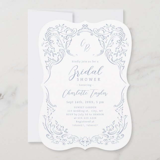 Invitation Fête des mariées Monogramme Dusty Blue Vintag (Devant)