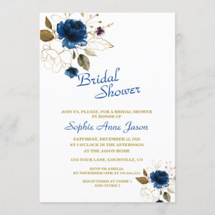 Invitation Fête des mariées Monogramme Royal Blue Gold Flower