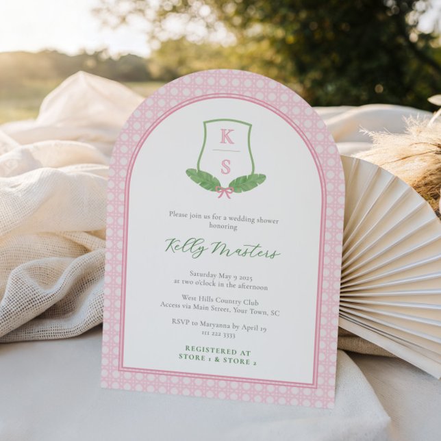 Invitation Fête des mariées Monogramme vert Preppy Arch moder (Preppy pink and green arch monogram bridal shower invitation)