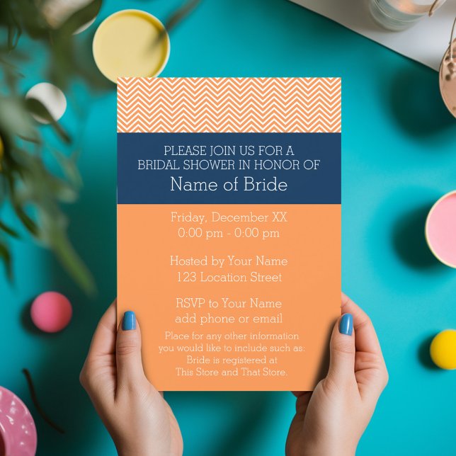Invitation Fête des mariées Motif bleu marine et orange Chevr (Bridal Shower Invitation - Orange and Navy Chevrons)