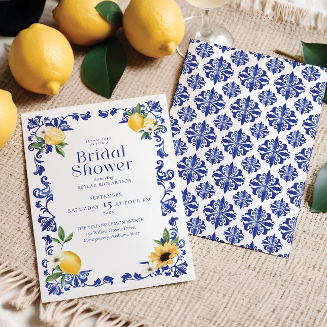 Invitation Fête des mariées Motif citron et poterie bleu anti (Lemon & Antique Blue Pottery Pattern Bridal Shower Invitation)