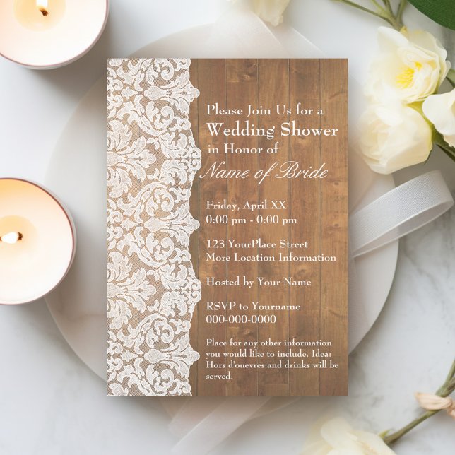 Invitation Fête des mariées : Motif de dentelle florale et bo (Bridal Shower Invitation - Rustic Modern Wood and Lace)