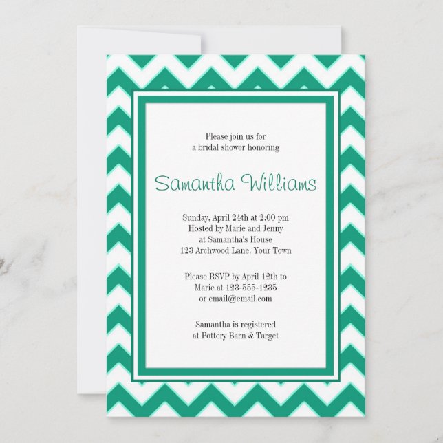 Invitation Fête des mariées Motif Emerald Green Chevron (Devant)
