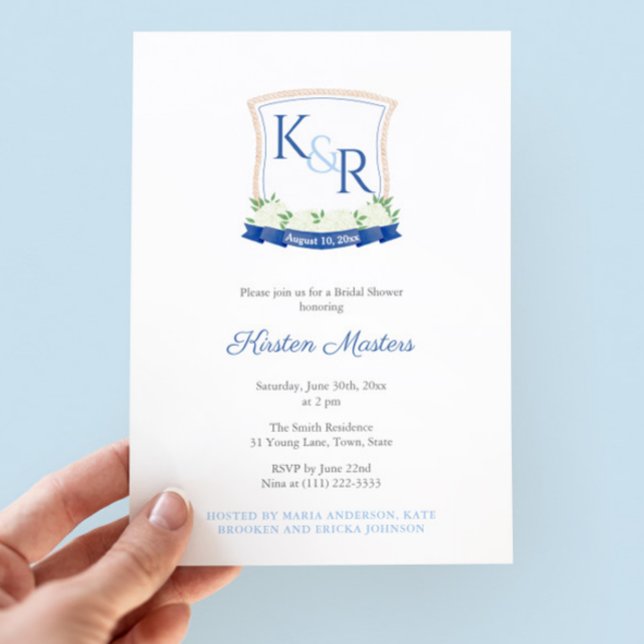 Invitation Fête des mariées Nautique Avec Cimetière Monogramm (High-end bridal shower cards featuring a coastal monogram and navy blue and white striped backer)