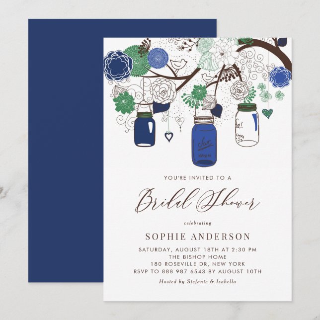 Invitation Fête des mariées Navy Blue and Green Mason Jars (Devant / Derrière)