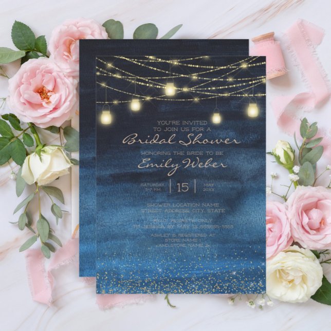 Invitation Fête des mariées Navy BlueGold (Navy blue and gold string lights bridal shower invitation)