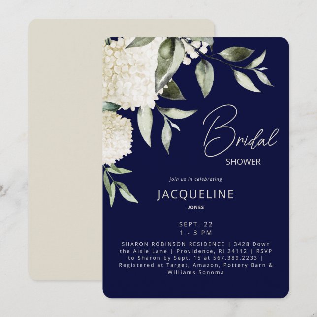 Invitation Fête des mariées Navy & Cream White Hydrangeas (Devant / Derrière)