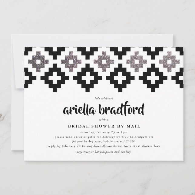 Invitation Fête des mariées noir blanc en argent Boho Aztec (Devant)
