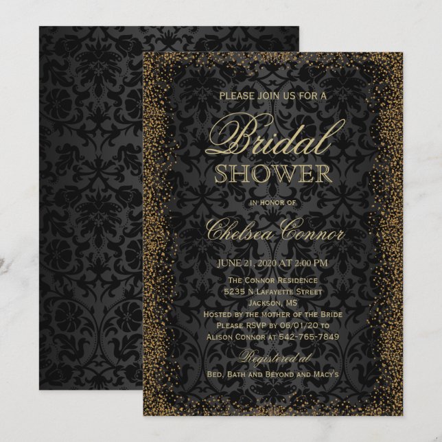 Invitation Fête des mariées - Noir Damask et Gold Confetti (Devant / Derrière)