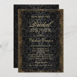Invitation Fête des mariées - Noir Damask et Gold Confetti