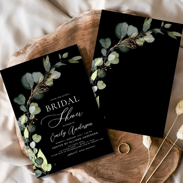 Invitation Fête des mariées noire Eucalyptus (Créateur téléchargé)