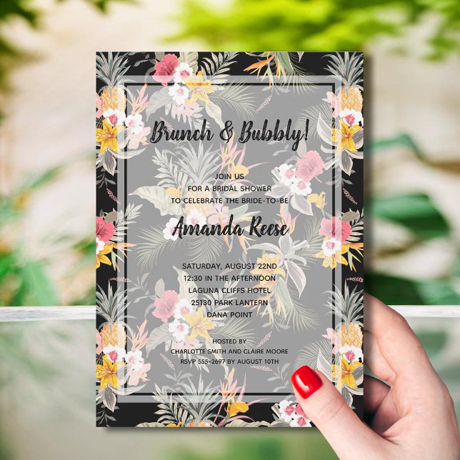 Invitation Fête des mariées noire tropicale florale (Brunch and Bubbly Tropical Bridal Shower Invitations - INSTANT DOWNLOAD and/or PRINTED)