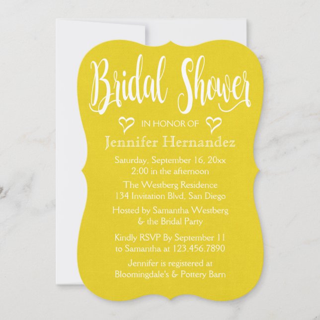 Invitation Fête des mariées or jaune Coeurs blancs Mariage (Devant)