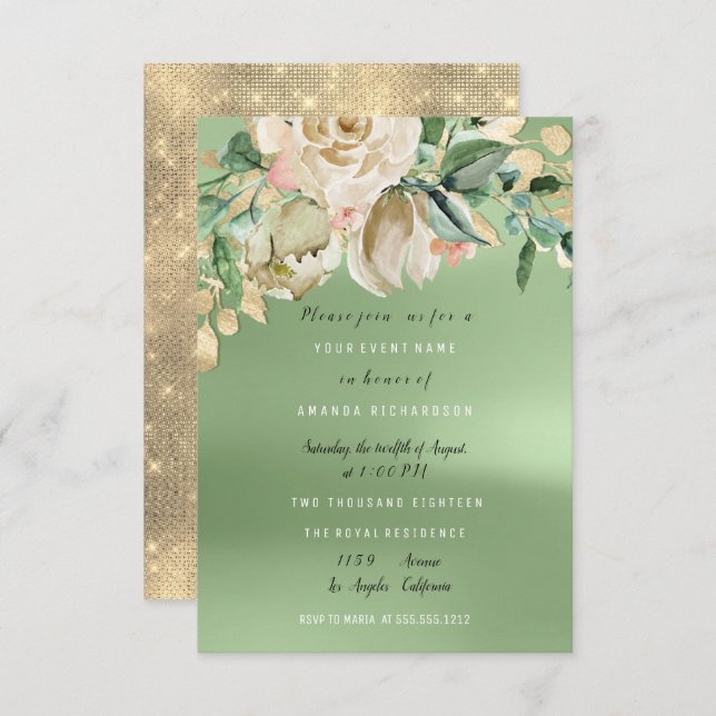 Invitation Fête des mariées or Pré Peinture Fleurs ivoire (Devant / Derrière)