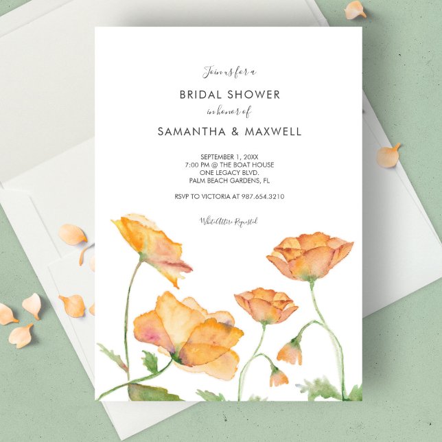 Invitation Fête des mariées Orange Floral Aquarelle (Bridal shower invitations watercolor orange poppy flowers by Victoria Grigaliunas Do Tell A Belle)