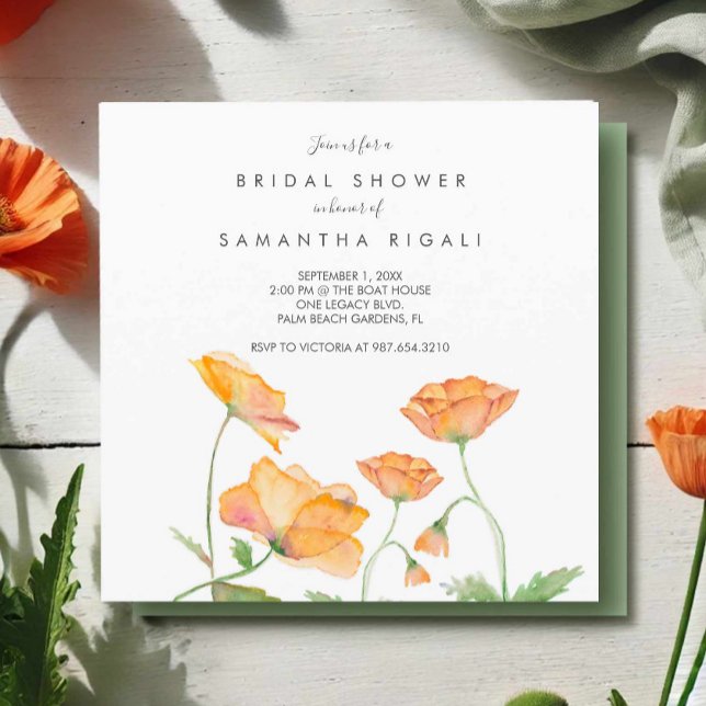 Invitation Fête des mariées Orange Floral Aquarelle Poppies (Floral bridal shower invitations watercolor orange poppies art by Victoria Grigaliunas DoTellABelle)
