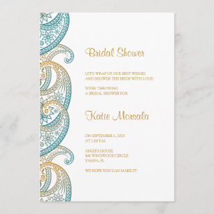 Invitation Fête des mariées Paisley indienne turquoise et Gol