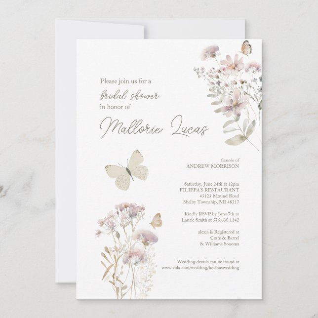 Invitation Fête des mariées papillon | Design féminin romanti (Devant)