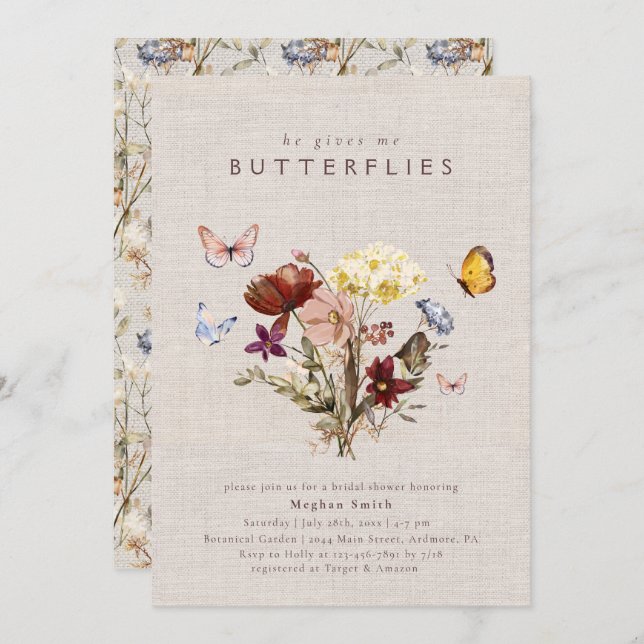 Invitation Fête des mariées papillon Fleur sauvage aquarelle (Devant / Derrière)