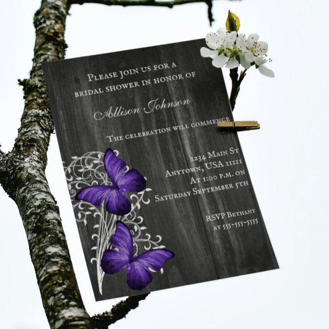 Invitation Fête des mariées papillon violet rustique Invitati (Purple Rustic Butterfly Bridal Shower Invitation)