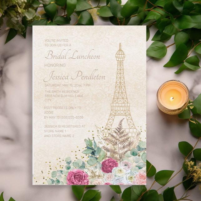 Invitation Fête des mariées Paris Tour Eiffel Or rose (Pink floral on cream-colored Paris/Eiffel Tower bridal luncheon invitation)