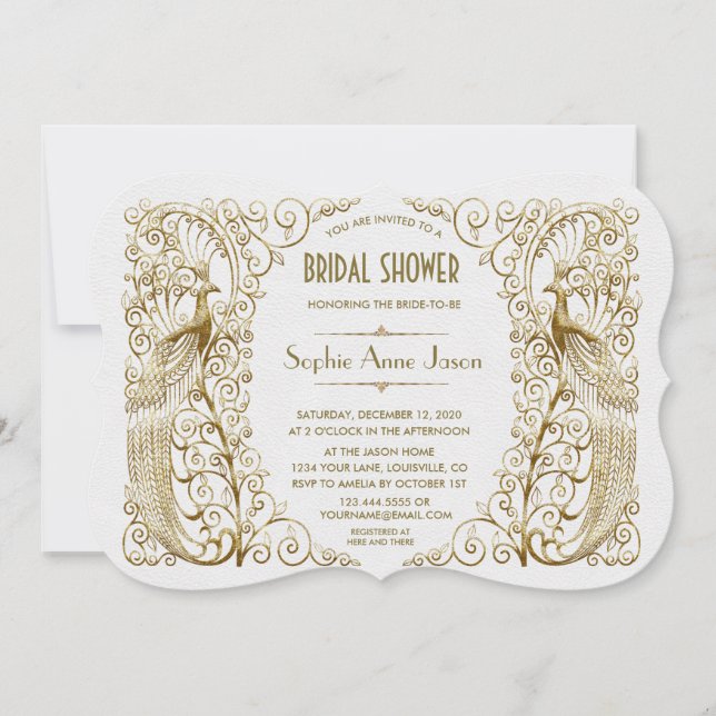 Invitation Fête des mariées Peacocks Art Déco Glam White Gold (Devant)