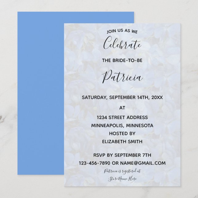 Invitation Fête des mariées Periwinkle Blue Hydrangeas (Devant / Derrière)