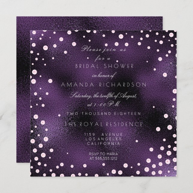Invitation Fête des mariées Perles Confetti en Verre Violet R (Devant / Derrière)