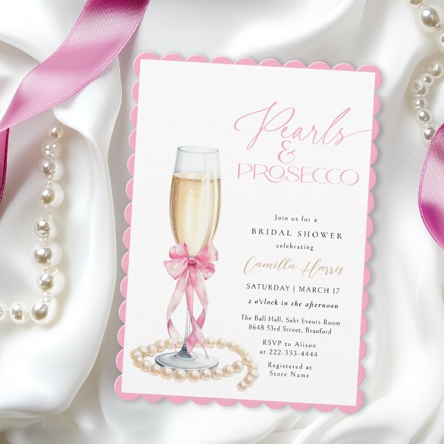 Invitation Fête des mariées Perles & Prosecco Pink Bow (Créateur téléchargé)