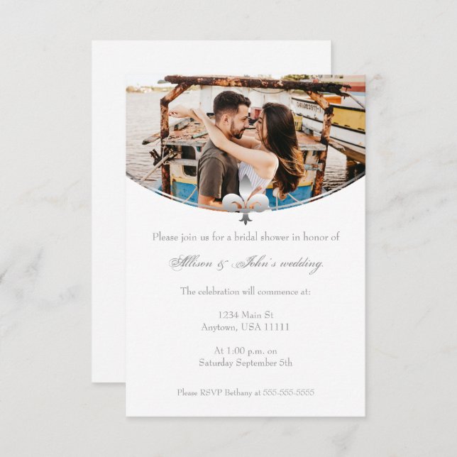 Invitation Fête des mariées photo Argent Fleur de Lis Invitat (Devant / Derrière)