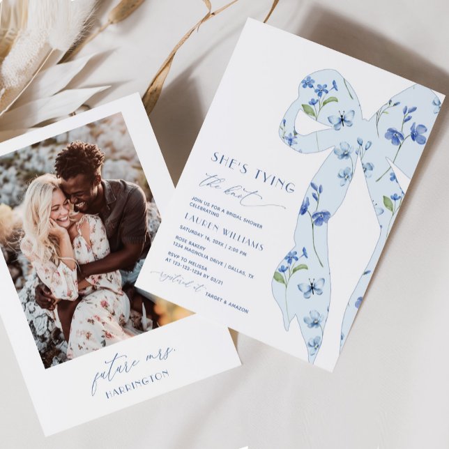 Invitation Fête des mariées photo chic Dusty Blue Tying (Créateur téléchargé)