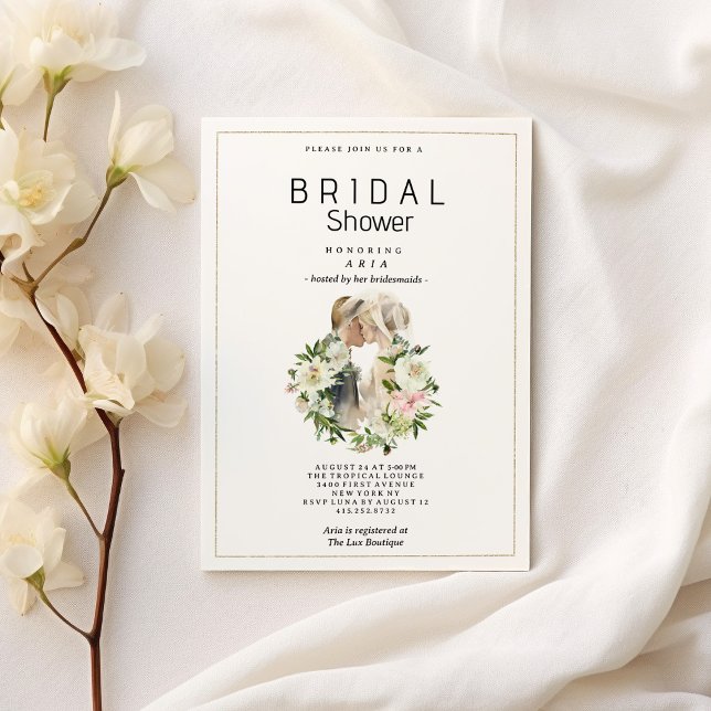 Invitation Fête des mariées photo du couple à fleurs rose pin (Mint pink white floral couple photo Bridal Shower)