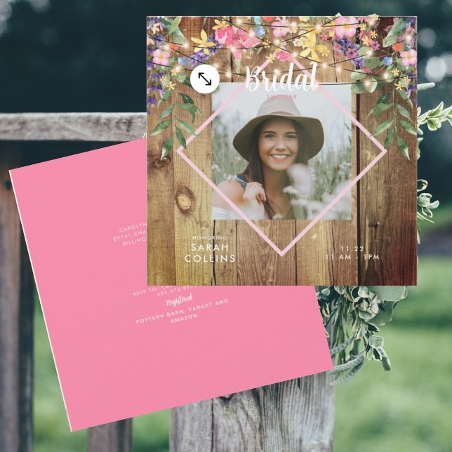 Invitation Fête des mariées photo Fleur sauvage rustique Wood (Créateur téléchargé)