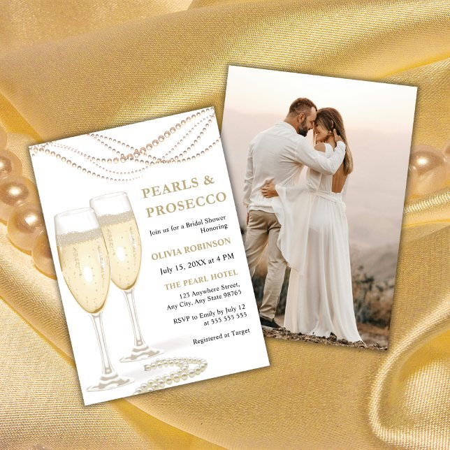 Invitation Fête des mariées photo Gold Elegant Pearls & Prose (Gold Elegant Pearls & Prosecco Photo Bridal Shower Invitation )