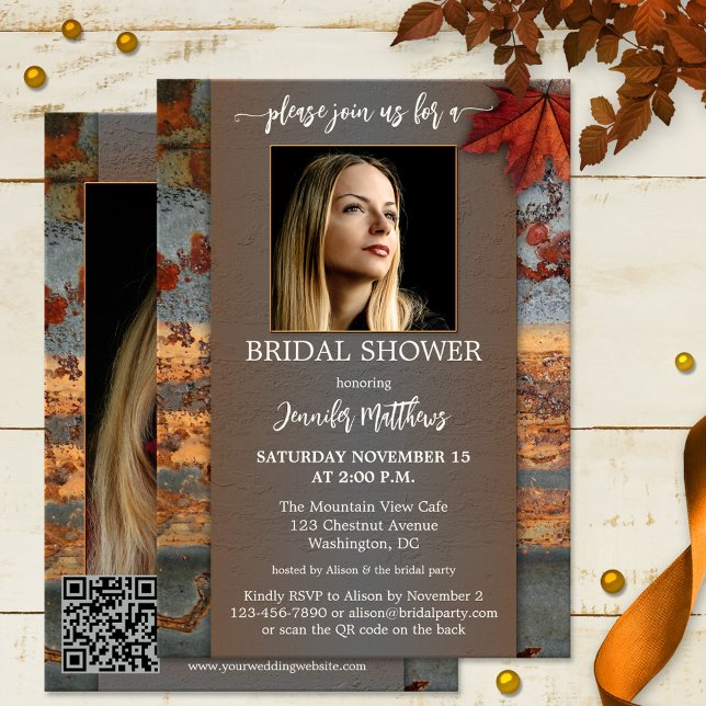 Invitation Fête des mariées photo industrielle automne (Autumn bridal shower invitation featuring your photos framed by an industrial design + QR code)